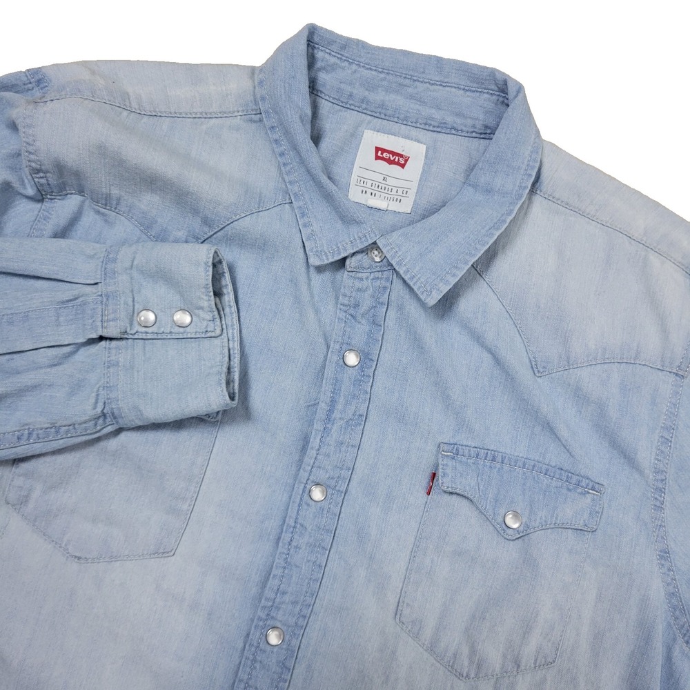 Vintage Levis Red Tab Mens XL Blue Denim Pearl Snap Long‎ Sleeve Light Wash
